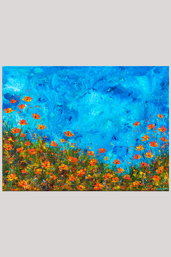Colorful original abstract seascape painting with view on the ocean from a cliff covered by blooming California poppies on gallery wrapped canvas size 24x18 inches - Ocean View