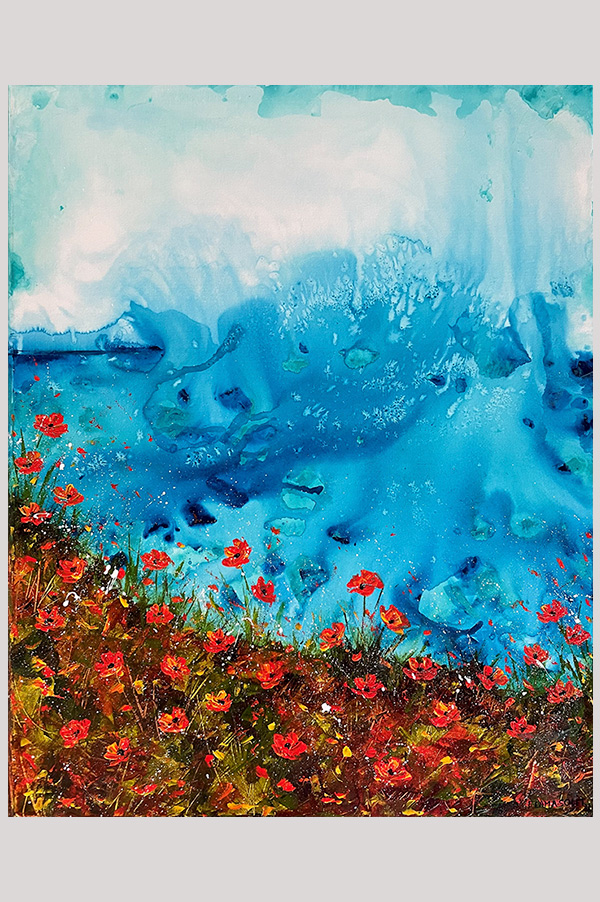 Colorful original abstract floral seascape painting with California poppy flowers on gallery wrapped canvas size 16 x 20 inch - Ocean Wave