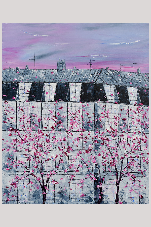 Original impressionist painting of a Parisian building with cherry blossom trees hand painted with acrylics on a gallery wrapped canvas size 24 x 30 inches - Paris in the Spring