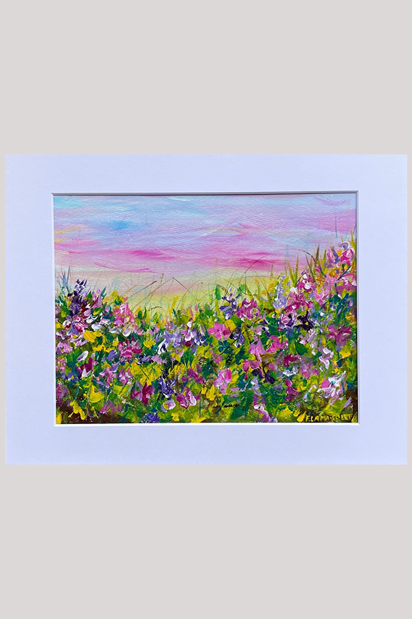 Original contemporary impressionist abstract landscape painting of a sunset over a colorful flower field done watercolor paper and mounted on white board size 14 x 11 - Peaceful Moments