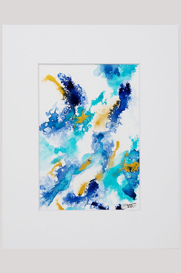 Original contemporary soothing abstract artwork painted with teal, turquoise, indigo and gold acrylics and inks, on watercolor paper and mounted on white board size 8 x 10 - Peacock