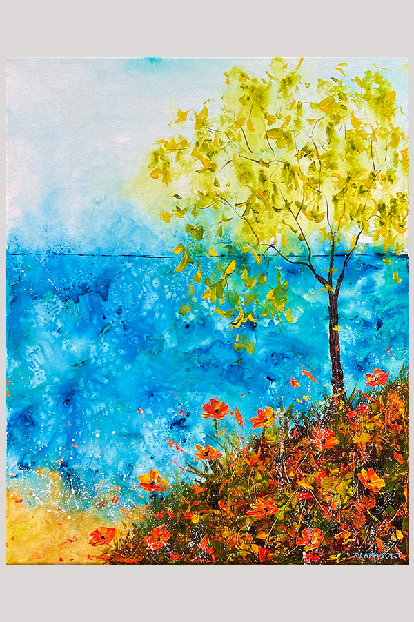 Colorful original abstract floral seascape painting with ocean view and California poppy flowers on stretched canvas size 16 x 20 - Ocean View