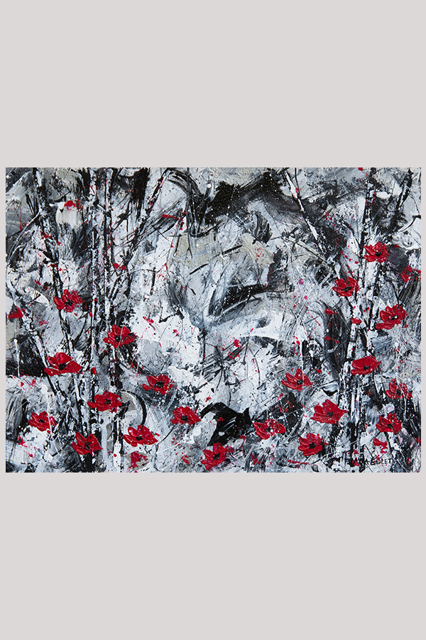 Original contemporary white, black and metallic silver abstract painting with red poppies done on watercolor paper - Poppies In The Forest