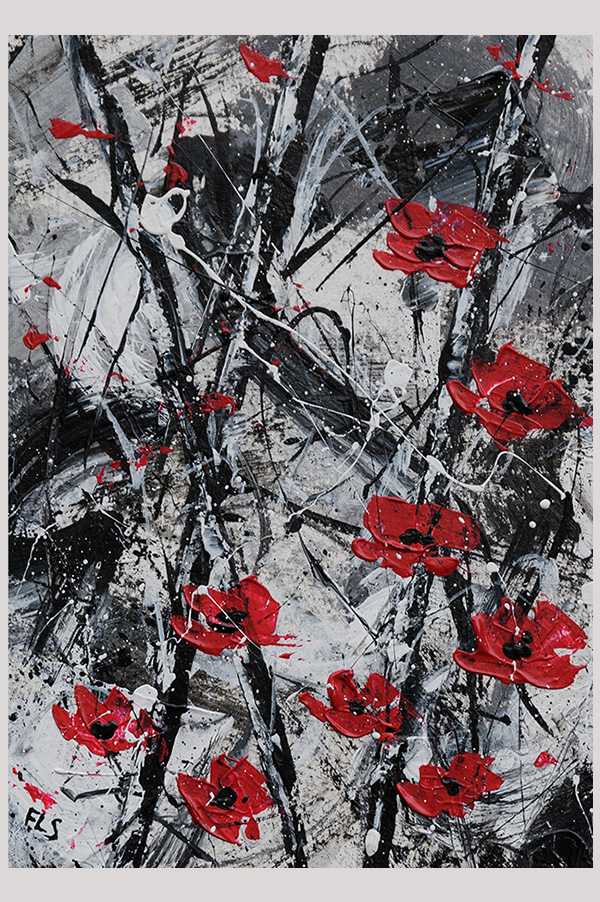 Original contemporary white, black and metallic silver abstract painting with red poppies done on watercolor paper - Poppies In The Forest