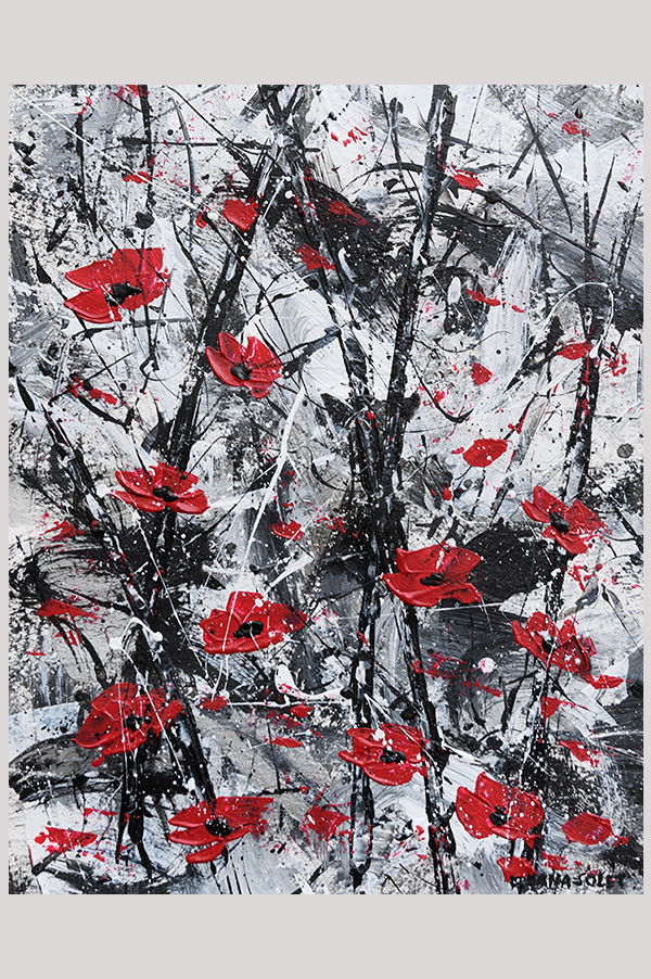 Original contemporary white, black and metallic silver abstract painting with red poppies done on watercolor paper - Poppies In The Forest