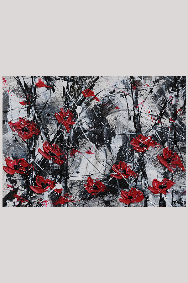 Original contemporary white, black and metallic silver abstract painting with red poppies done on watercolor paper - Poppies In The Forest