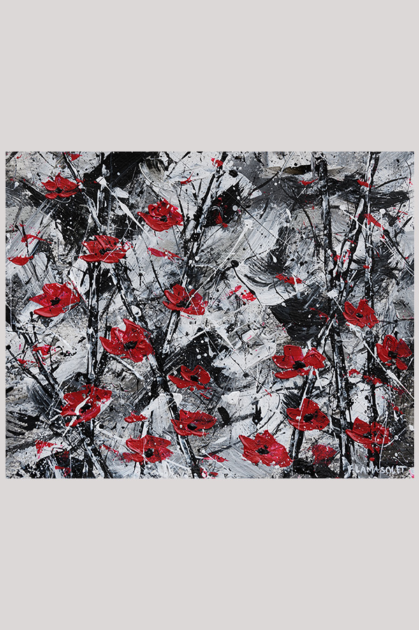 Original contemporary white, black and metallic silver abstract painting with red poppies done on watercolor paper - Poppies In The Forest