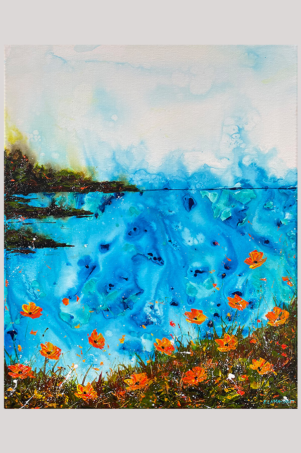Colorful original abstract floral seascape painting with ocean view and California poppy flowers on stretched canvas size 16 x 20 - Poppies on the Shore