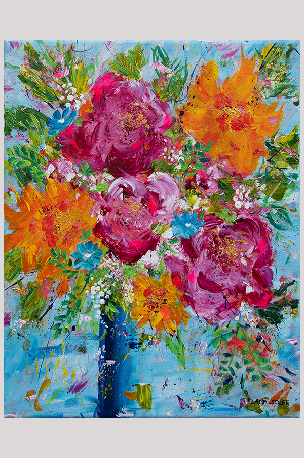 Original colorful contemporary impressionist flowers in vase acrylic painting on stretched canvas size 11 x 14 inch - Pure Joy