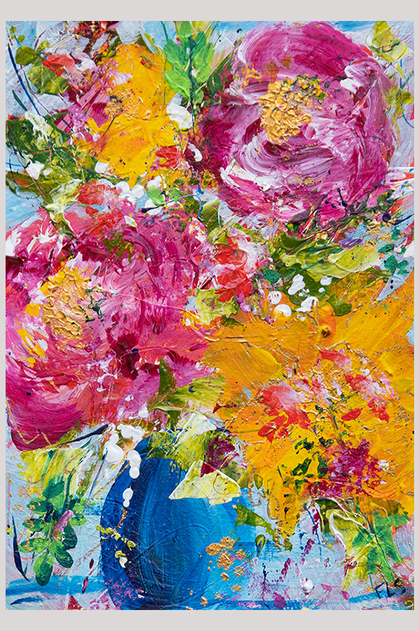 Original colorful impressionist painting of a bouquet of flowers in a vase hand painted with acrylics on watercolor paper size  7 x 5 inch and mounted in a mat size 10 x 8 inch - Pure Joy #1