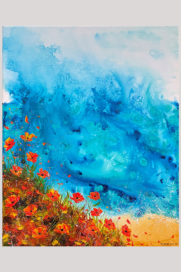 Colorful original abstract floral seascape painting with California poppy flowers on gallery wrapped canvas size 16 x 20 inch - Reaching the Clouds
