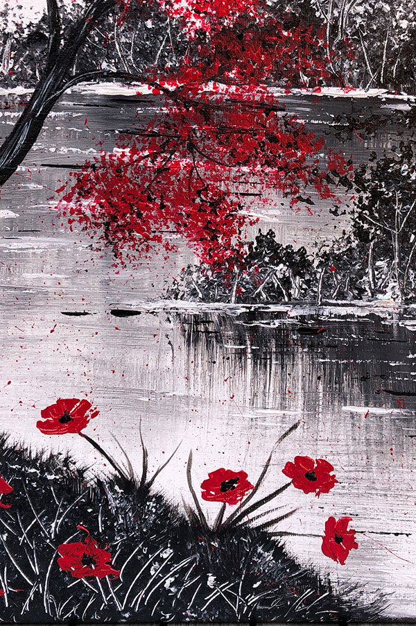 Black, White and Red Abstract Landscape Painting with Poppies on Canvas