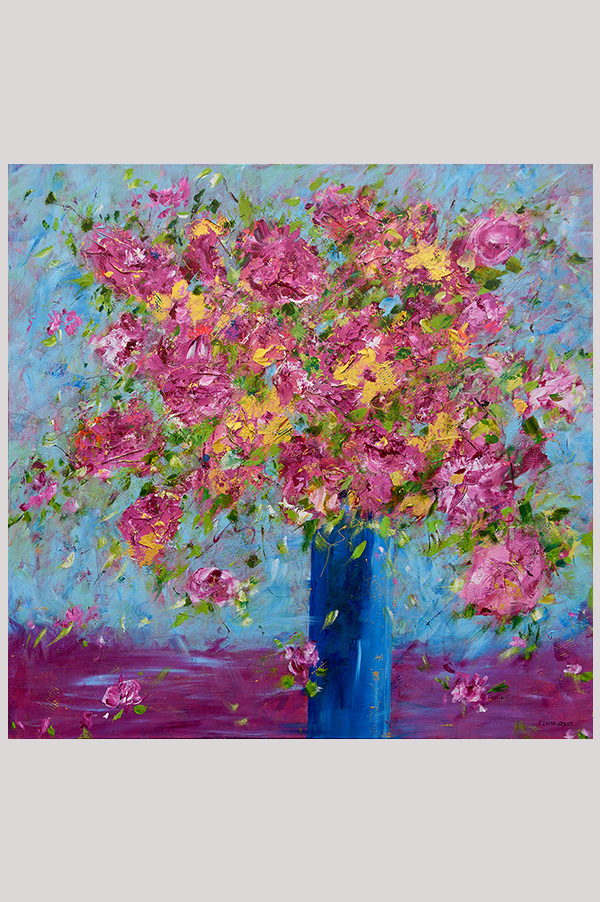 Original contemporary mixed media impressionist artwork of a bouquet of flowers hand painted with acrylics on a gallery wrapped canvas size 36 x 36 inches - Rhapsody in Pink