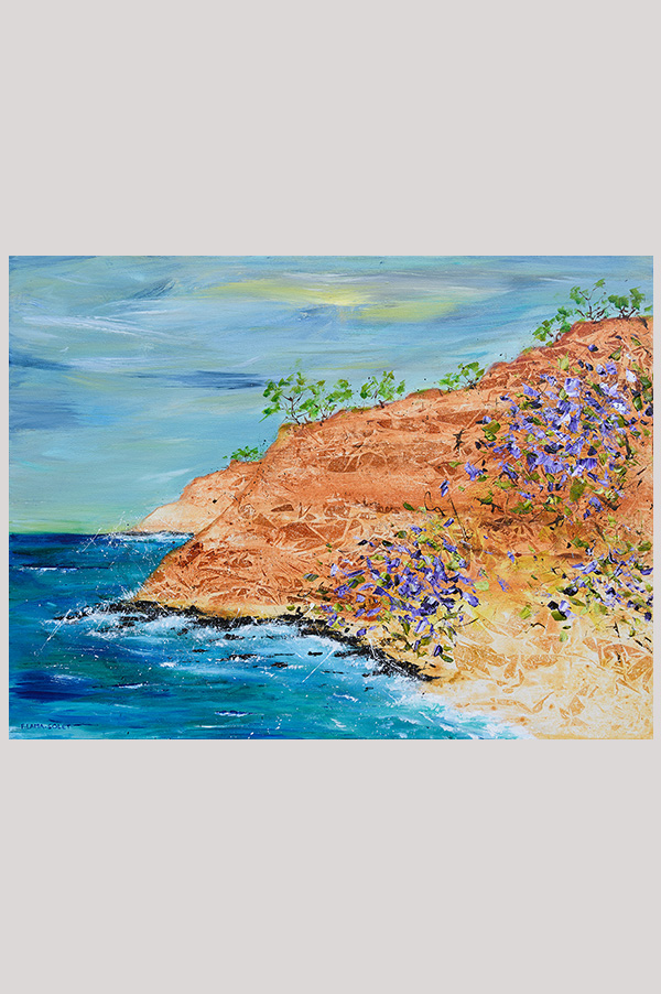 Colorful Original contemporary seascape artwork with cliffs and sea lavender hand painted with acrylics on a gallery wrapped canvas size 24 x 18 inches - Sea Lavender Cliff