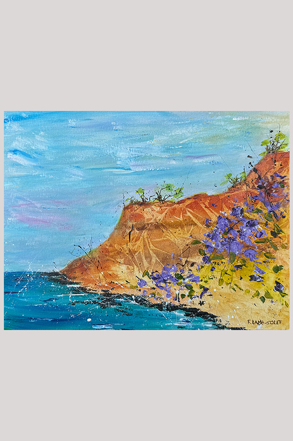 Colorful original abstract floral seascape painting inspired by the California Coast on watercolor paper size 10.5 x 8 inch - Sea Lavender Cliff