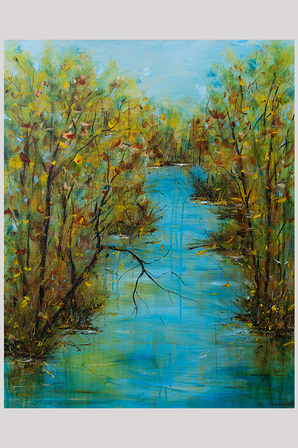 Original impressionist landscape painting of a fall scenery with trees reflecting in the water done one gallery wrapped canvas size 24 x 30 inches - Serenade d'Automne