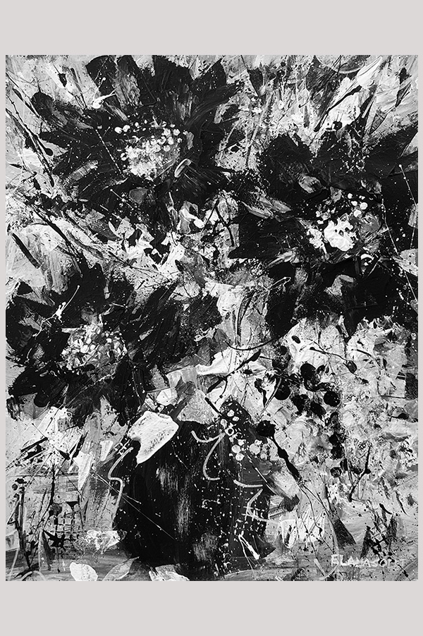 Original impressionist painting of a monochromatic black and white bouquet of flowers in a vase hand painted with acrylics on watercolor paper size  8.25 x 10.75 inch and mounted in a mat size 11 x 14 inch - Solemn Blossoms