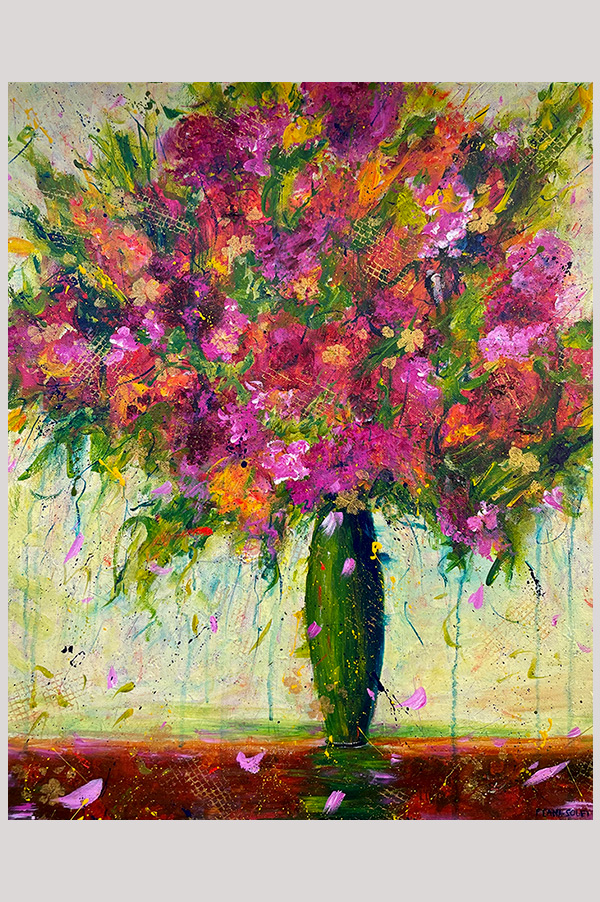 Original colorful abstract flowers in vase acrylic painting on stretched canvas size 16 x 20 inch - Splendor