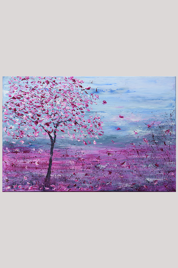 Original contemporary textured abstract landscape painting of a cherry tree blossom in the meadows in the shades magenta pink and gray on gallery wrapped canvas size 36 x 24 inch - Spring Breeze