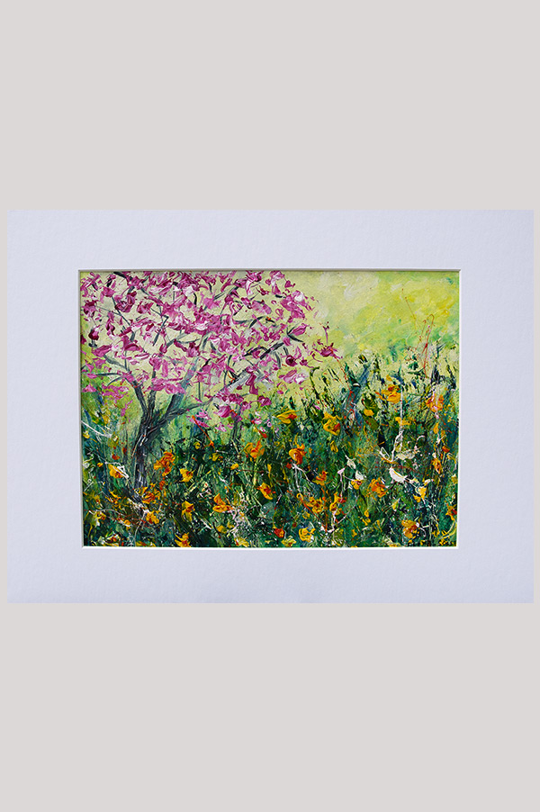 Original acrylic textured abstract landscape painting of a cherry tree blossom and daffodil fields done on watercolor paper - Spring Celebration