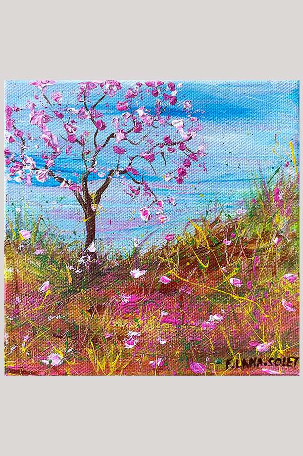 Small colorful original expressionist abstract landscape painting of a cherry blossom tree on stretched canvas size 6 x 6 inch - Spring is Coming!