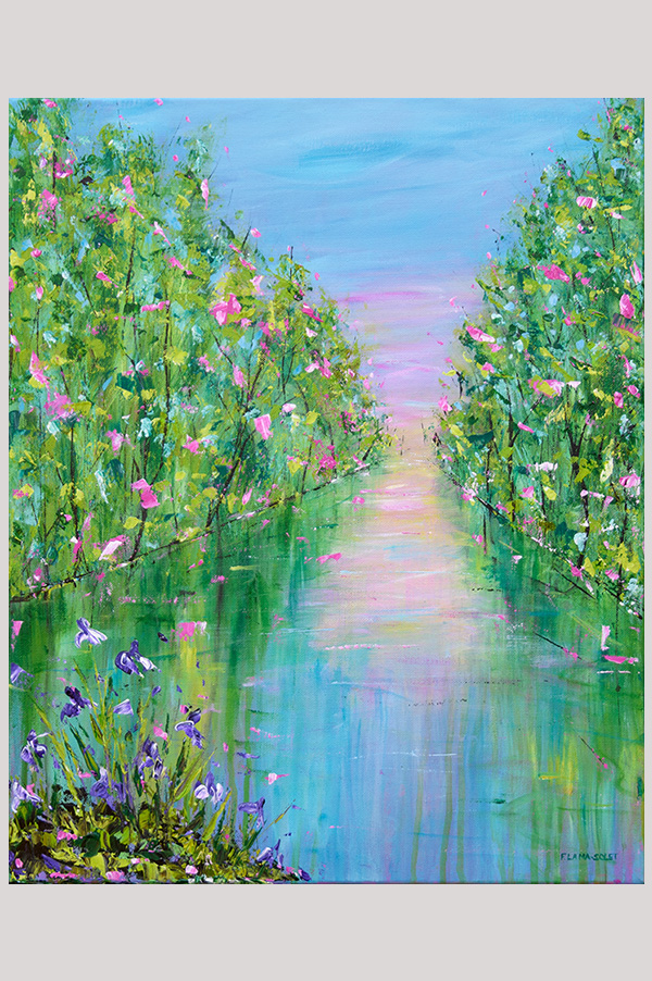 Original impressionist spring landscape painting of an iris pond and cherry blossoms hand painted with acrylics on stretched canvas size 16 x 20 inch - Spring Explosion