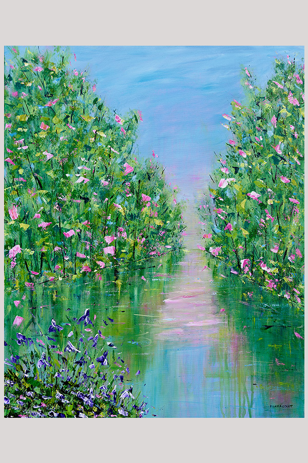 Original impressionist spring landscape painting of an iris pond and cherry blossoms hand painted with acrylics on gallery wrapped canvas size 24 x 30 inch - Spring Explosion