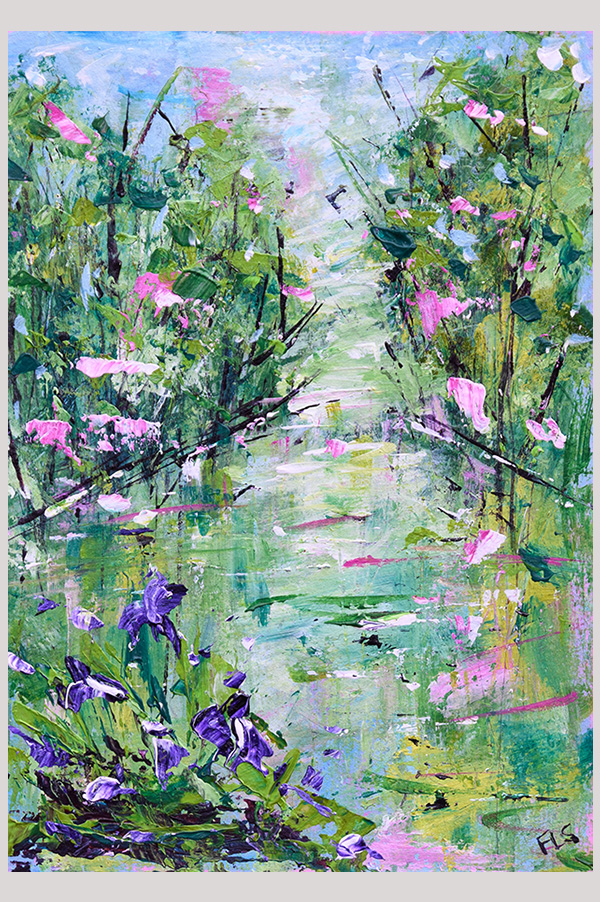 Original impressionist spring landscape painting of an iris pond and cherry blossoms hand painted with acrylics on watercolor paper size  7 x 5 inch and mounted in a mat size 10 x 8 inch - Spring Explosion