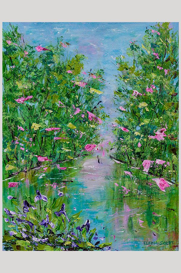 Original impressionist spring landscape painting of an iris pond and cherry blossoms hand painted with acrylics on watercolor paper size  8 x 10 inch and mounted in a mat size 11 x 14 inch - Spring Explosion