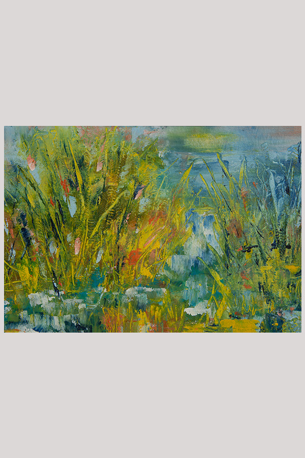 Original contemporary impressionist artwork hand painted with oil and cold wax on oi paper size  5 x 7 inch and mounted in a mat size 8 x 10 inch - Spring on the Marsh