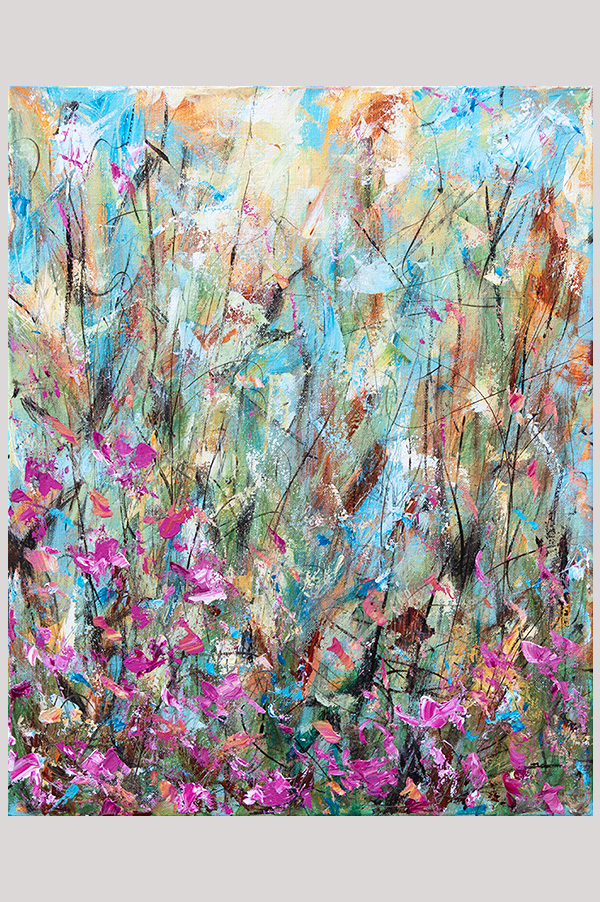 Original impressionist landscape painting of abstract loose trees and pink flowers on canvas size 16 x 20 inch - Spring in the Trails