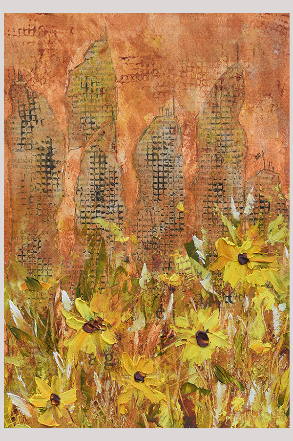 Original colorful mixed media painting of a cityscape with sunflowers hand painted with oil and cold wax on Arches oil paper size 9 x 12 inch - Summer in New York