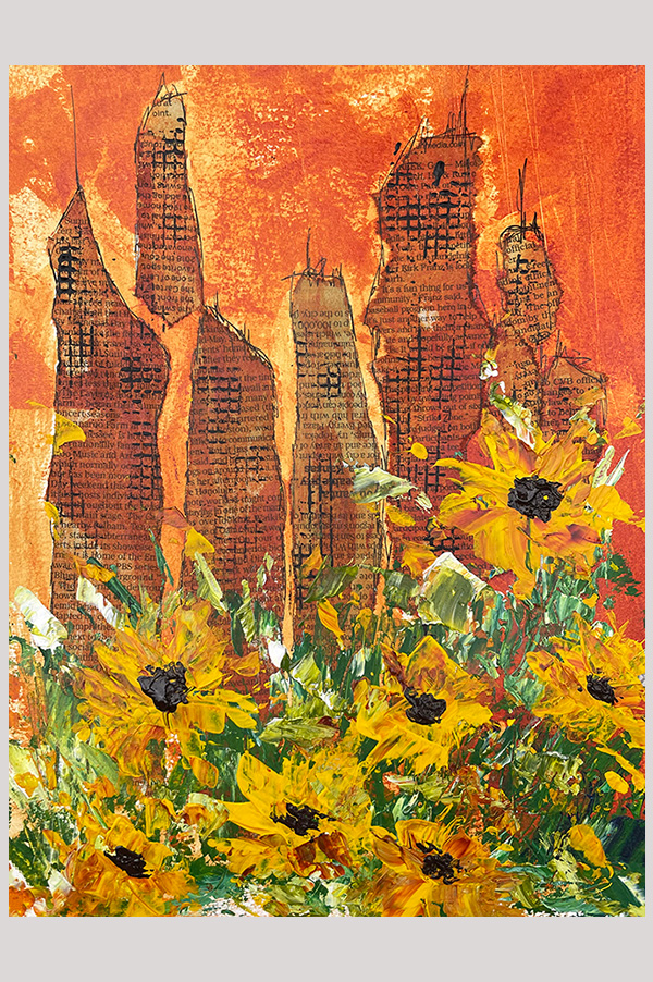 Original colorful mixed media painting of a cityscape with sunflowers hand painted with acrylics on watercolor paper size 9 x 12 inch - Summer in New York