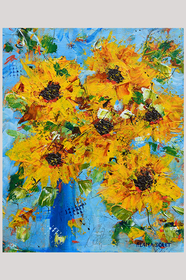 Colorful Original contemporary impressionist painting of sunflowers hand painted with acrylics on a canvas panel size 8 x 10 inches - Summer Smile