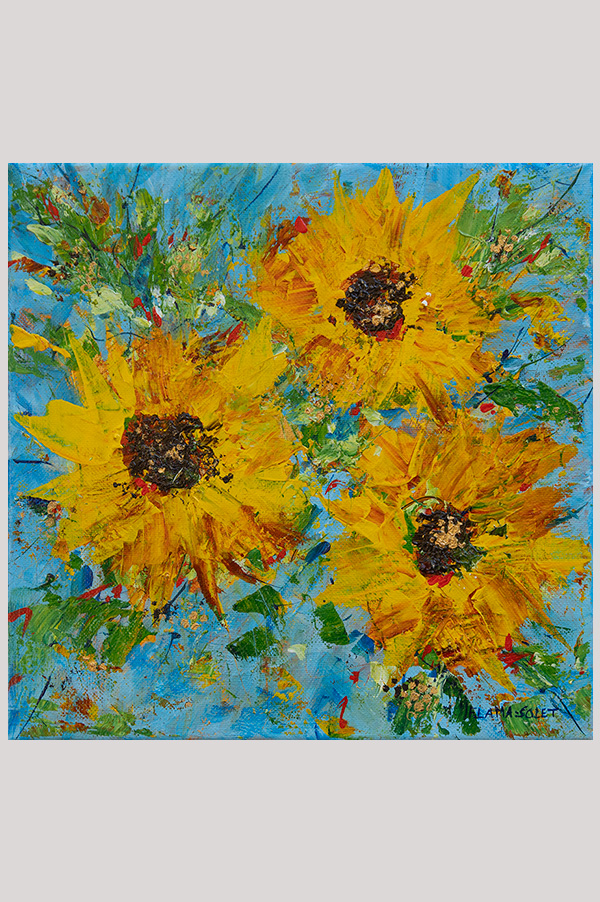 Colorful Original contemporary impressionist painting of sunflowers hand painted with acrylics on a stretched canvas size 10 x 10 inches - Summer Smile