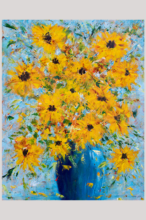 Colorful Original contemporary impressionist painting of a sunflower bouquet in a vase hand painted with acrylics on a gallery wrapped canvas size 24 x 30 inches - Summer Smile