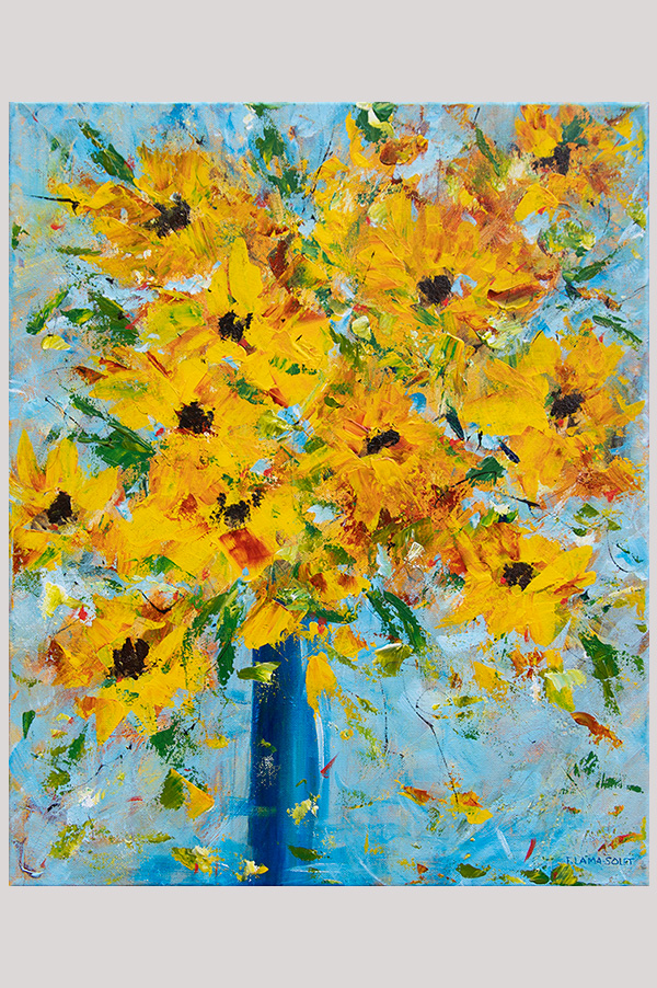 Colorful Original contemporary impressionist painting of a sunflower bouquet in a vase hand painted with acrylics on a gallery wrapped canvas size 16 x 20 inches - Summer Smile