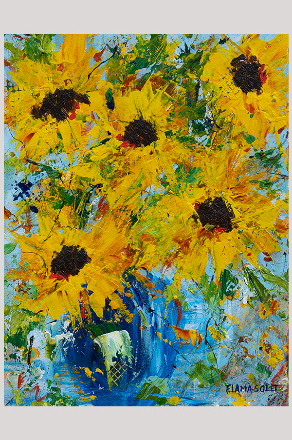 Original colorful impressionist painting of a sunflower bouquet in a vase hand painted with acrylics on watercolor paper size 8.25 x 10.75 inch and mounted in a mat size 11 x 14 inches - Summer Smile #1