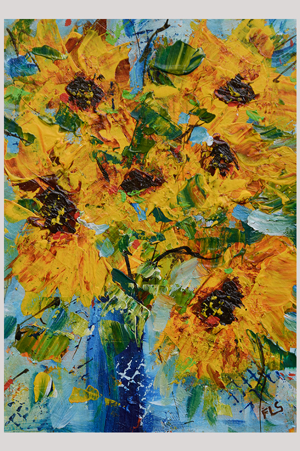 Original colorful impressionist painting of a sunflower bouquet in a vase hand painted with acrylics on watercolor paper size  7 x 5 inch and mounted in a mat size 10 x 8 inch - Summer Smile