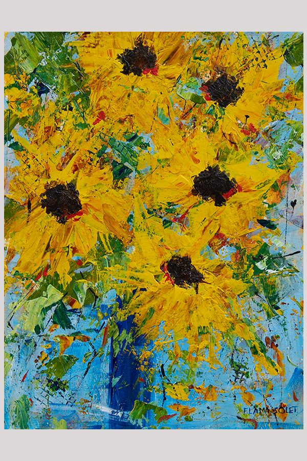 Original colorful impressionist painting of a sunflower bouquet in a vase hand painted with acrylics on watercolor paper size 8.25 x 10.75 inch and mounted in a mat size 11 x 14 inches - Summer Smile #2
