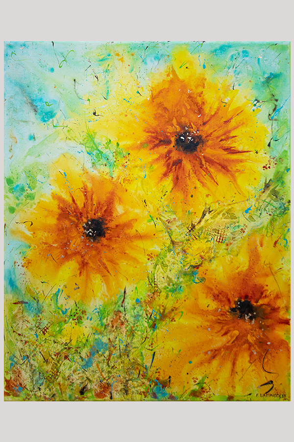 Colorful original floral painting of abstract sunflowers hand painted with acrylics on a gallery wrapped canvas size 16 x 20 inch - Sunflowers