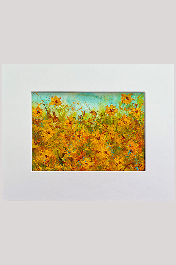 Colorful original abstract landscape painting of a sunflower field painted with acrylics on watercolor paper - Sunflower Field