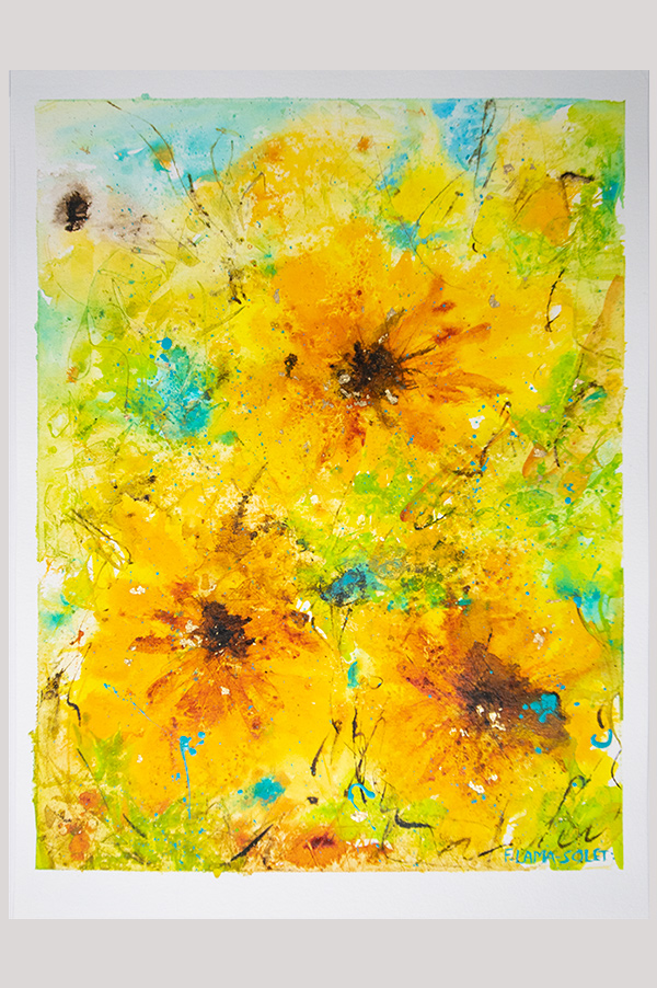 Original impressionist floral painting of abstract sunflowers painted with acrylics on watercolor paper - Sunflowers