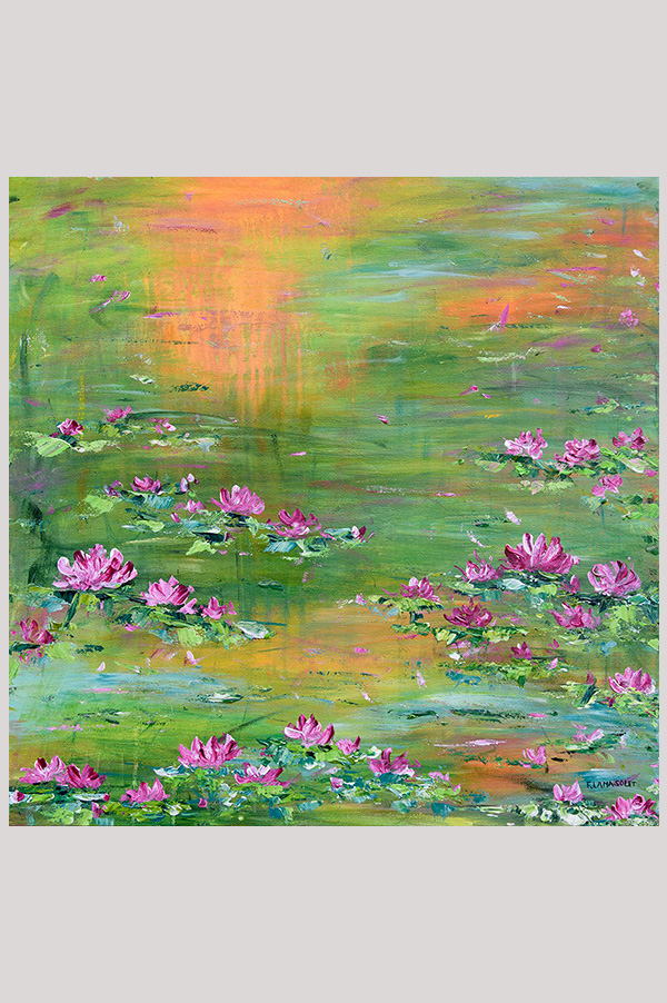 Original contemporary impressionist landscape artwork or a waterlily pond hand painted with acrylics on a gallery wrapped canvas size 20 x 20 inches - Sunset Over Lily Pond