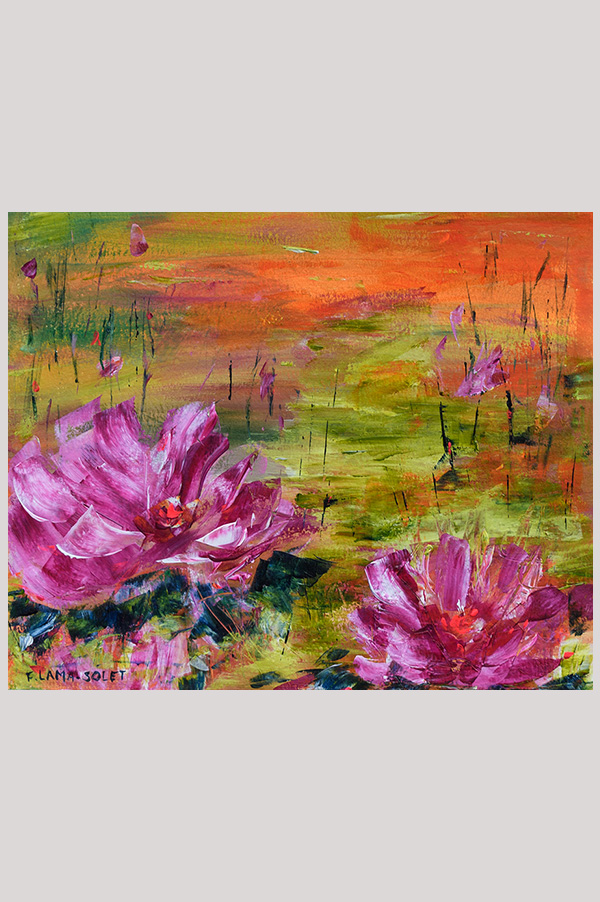 Original loose impressionist landscape painting of sunset over a waterlily pond hand painted with acrylics on watercolor paper size  8 x 10 inch and mounted in a mat size 11 x 14 inch - Sunset Over Lily Pond