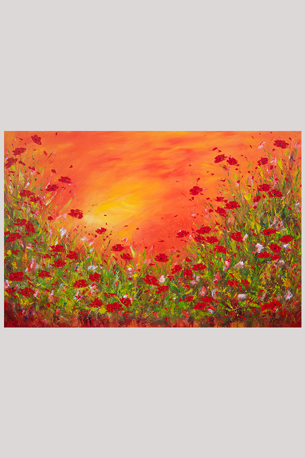Original impressionist landscape floral painting of a sunset over a field of red poppy flowers on gallery wrapped canvas size 24 x 36 inch - Sunset Over Poppy Field