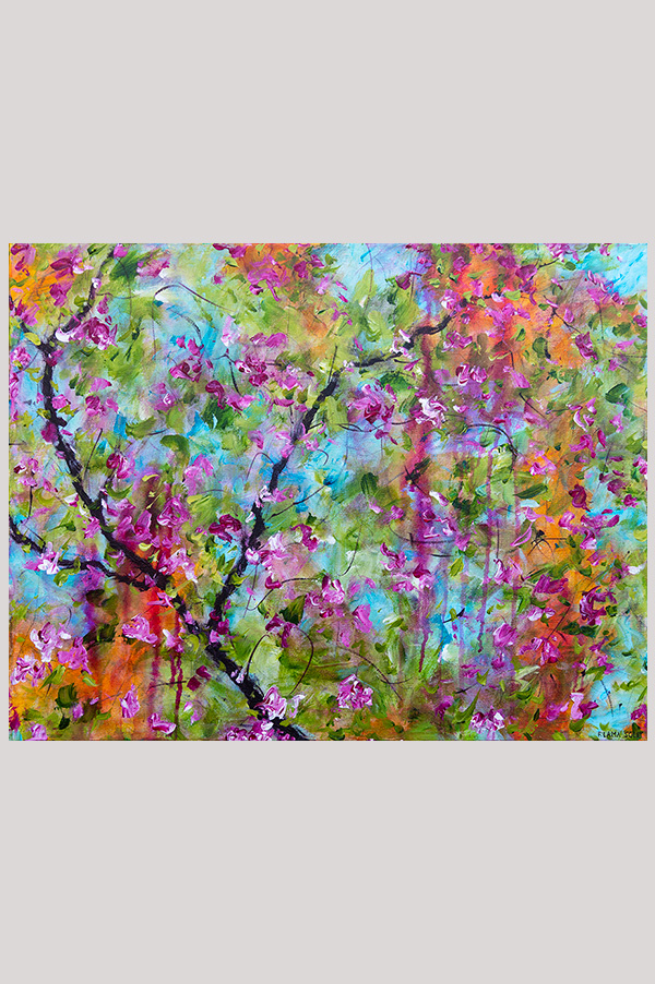 Colorful Original contemporary abstract floral artwork hand painted with acrylics on a gallery wrapped canvas size 24 x 18 inches - Sunset on Spring Blossoms
