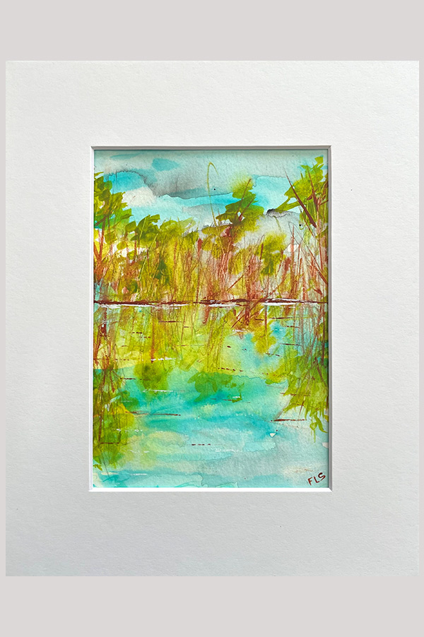 Original acrylic abstract landscape painting of tree reflection in water done on watercolor paper size 5 x 7 inch - Sweet Creek Lake