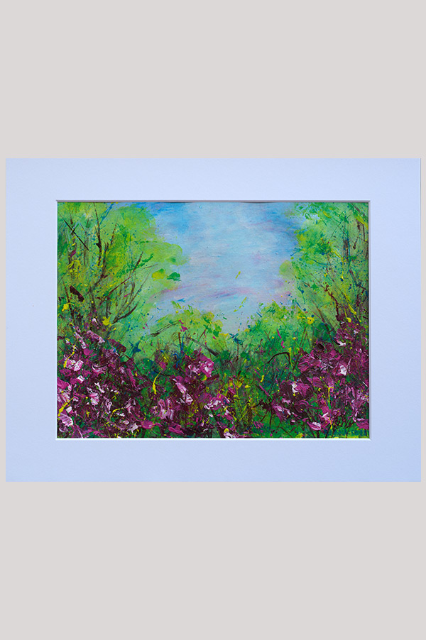 Original contemporary impressionist abstract landscape painting of a tree scenery and azalea bushes done watercolor paper and mounted on white board size 14 x 11 - Take Me On A Walk
