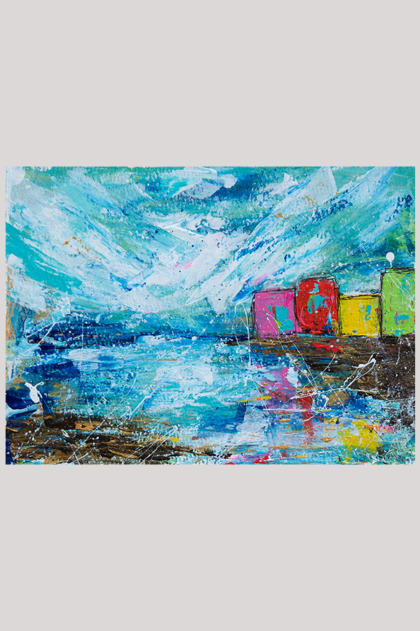 Colorful original expressionist abstract seascape painting inspired by the colorful fisherman houses of Burano, done on watercolor paper size  7 x 5 inch and mounted in a mat size 10 x 8 inch - Trip to Burano